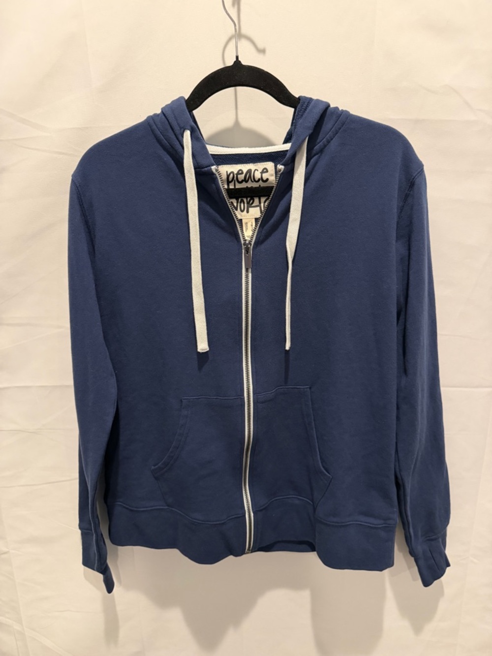 Peace Love World Navy Hoodie with White Trim. Size S. Casual, activewear, peace